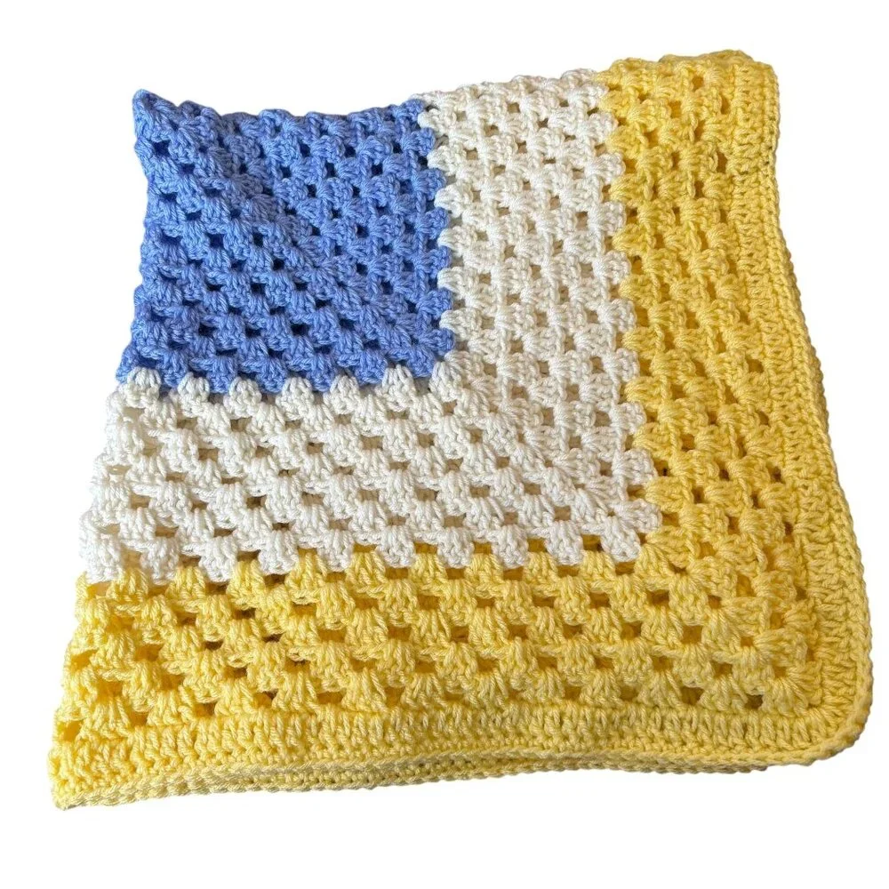 Handmade Crochet Knit Baby Crib Blanket Yellow White Blue Soft Cotton Throw